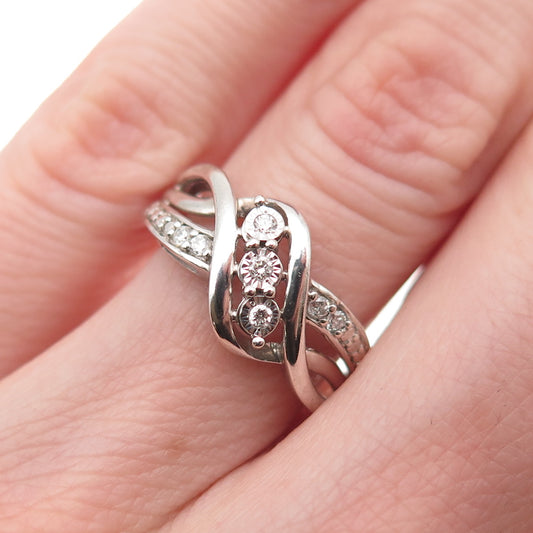 925 Sterling Silver Real Round-Cut Diamond Twisted Ring Size 6