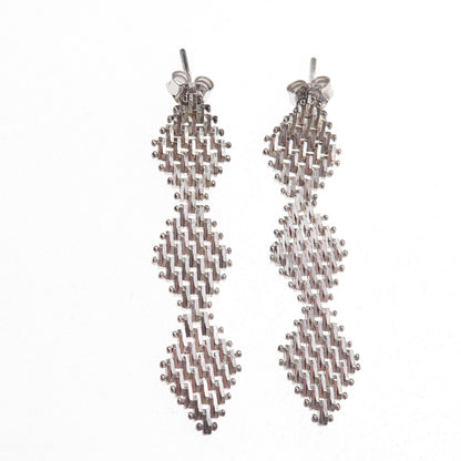 925 Sterling Silver Vintage Mexico Diamond-Shape Mesh Dangle Earrings