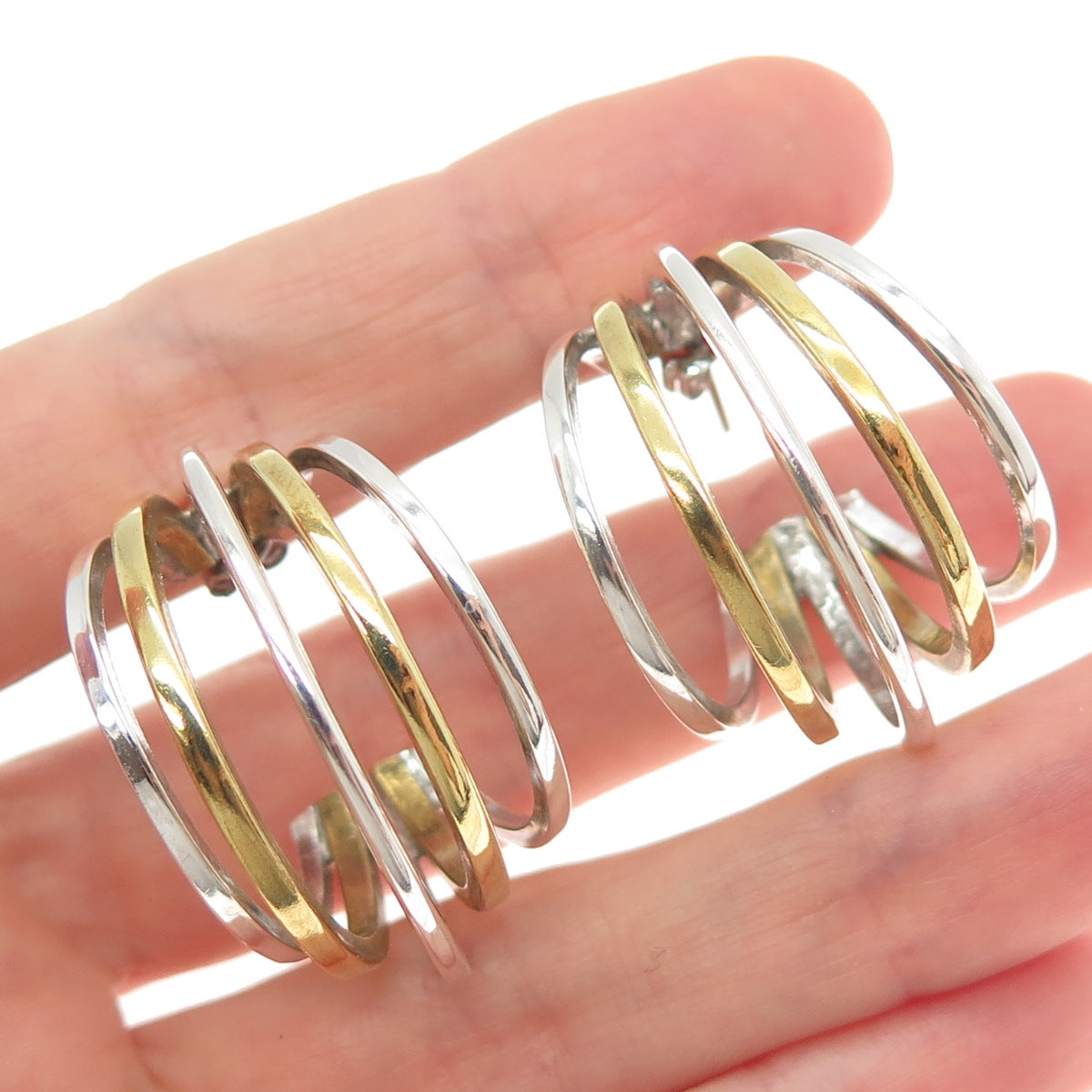 925 Sterling Silver 2-Tone Vintage Mexico Modernist Multi-Row Hoop Earrings