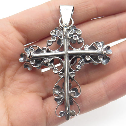 925 Sterling Silver Antique Art Deco Real Red Garnet Rose Cross Oxidized Pendant