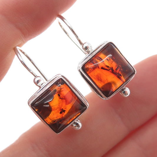 925 Sterling Silver Vintage Real Amber Modernist Earrings