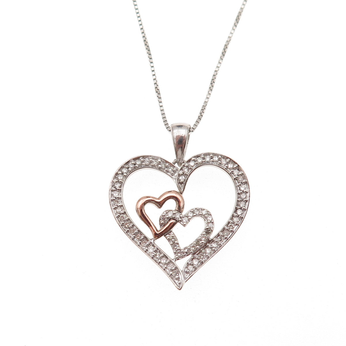 Sun 925 Sterling Silver 10K Gold Real Diamond Couple Heart Chain Necklace 18"