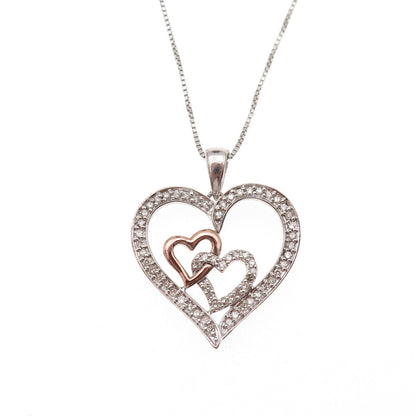 Sun 925 Sterling Silver 10K Gold Real Diamond Couple Heart Chain Necklace 18"