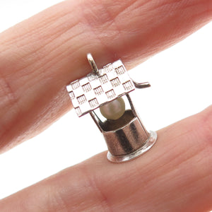 925 Sterling Silver Antique Art Deco Real Pearl Water Well Mini 3D Charm Pendant