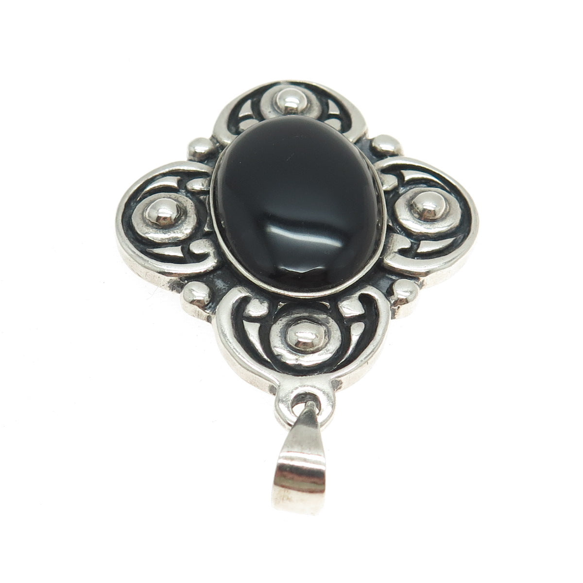 925 Sterling Silver Vintage Mexico Real Black Onyx Floral Cross Pendant