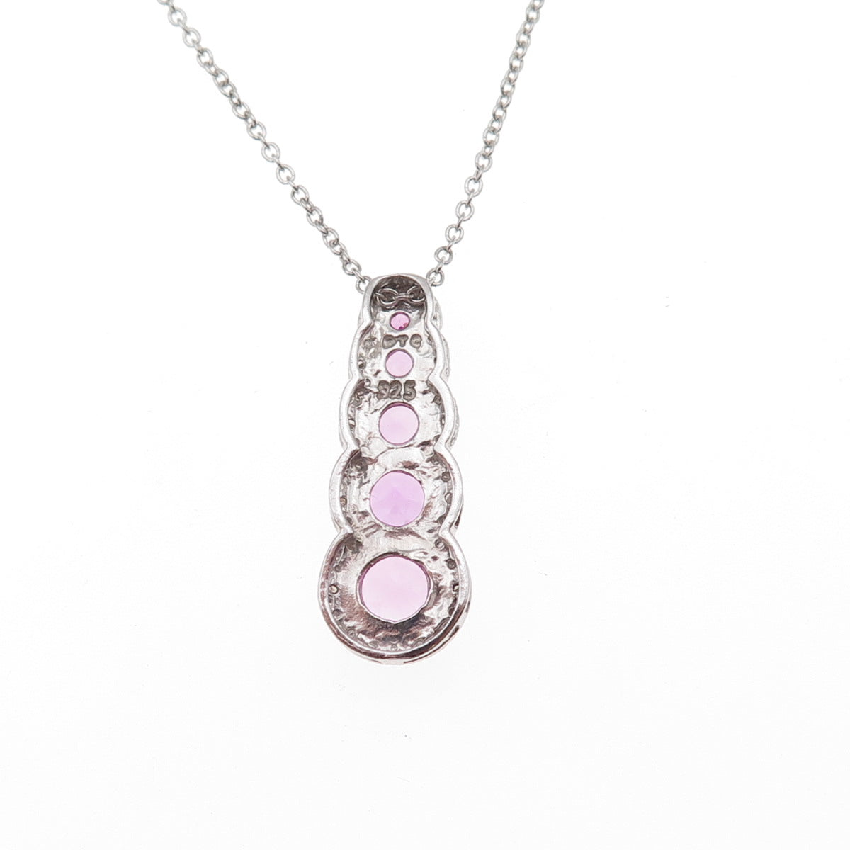 925 Sterling Silver Real Diamond & Pink Topaz Cable Chain Necklace 18"