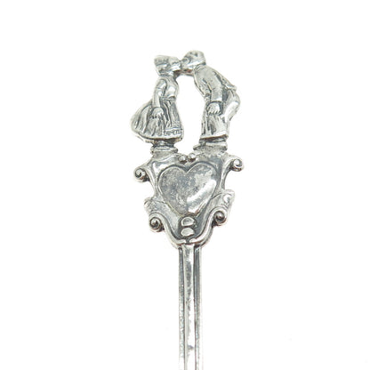 925 Sterling Silver Antique Art Deco Couple Kiss Oxidized Salt Spoon Pin Brooch