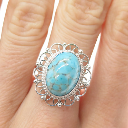 925 Sterling Silver Vintage Faux Turquoise Filigree Flower Ring Size 8