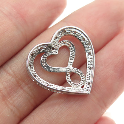 925 Sterling Silver Real Round-Cut Diamond Heart Slide Pendant