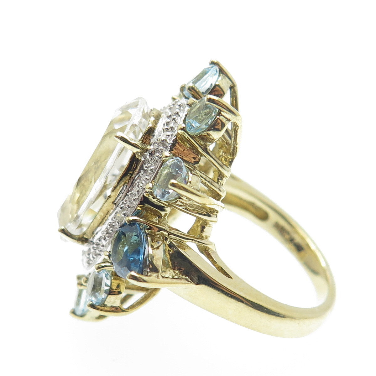 925 Sterling Gold Plated Diamond Accent London Blue & White Topaz Ring Size 7.25