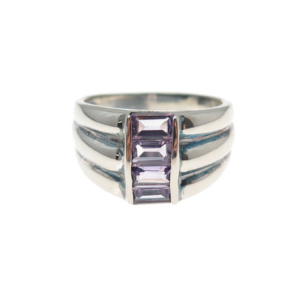 925 Sterling Silver Vintage Real Emerald-Cut Amethyst 3-Row Oxidized Ring Size 8