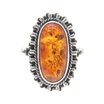 925 Sterling Silver Vintage Real Amber Modernist Oxidized Ring Size 9.5