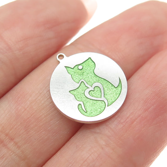 Tokemoti 925 Sterling Silver Green Enamel Cat & Dog Round Tag Minimalist Pendant