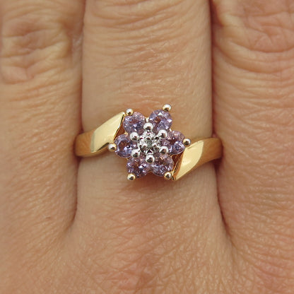 925 Sterling Silver Gold Plated Real Diamond Accent Amethyst Floral Ring Size 9