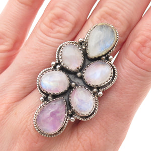 925 Sterling Vintage Real Pink Moonstone Modernist Adjustable Ring Size 7.5