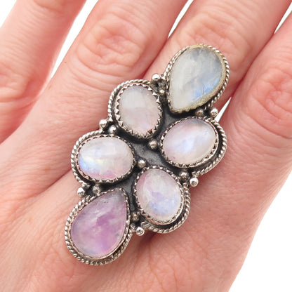 925 Sterling Vintage Real Pink Moonstone Modernist Adjustable Ring Size 7.5