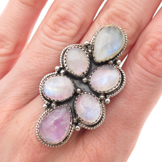 925 Sterling Vintage Real Pink Moonstone Modernist Adjustable Ring Size 7.5