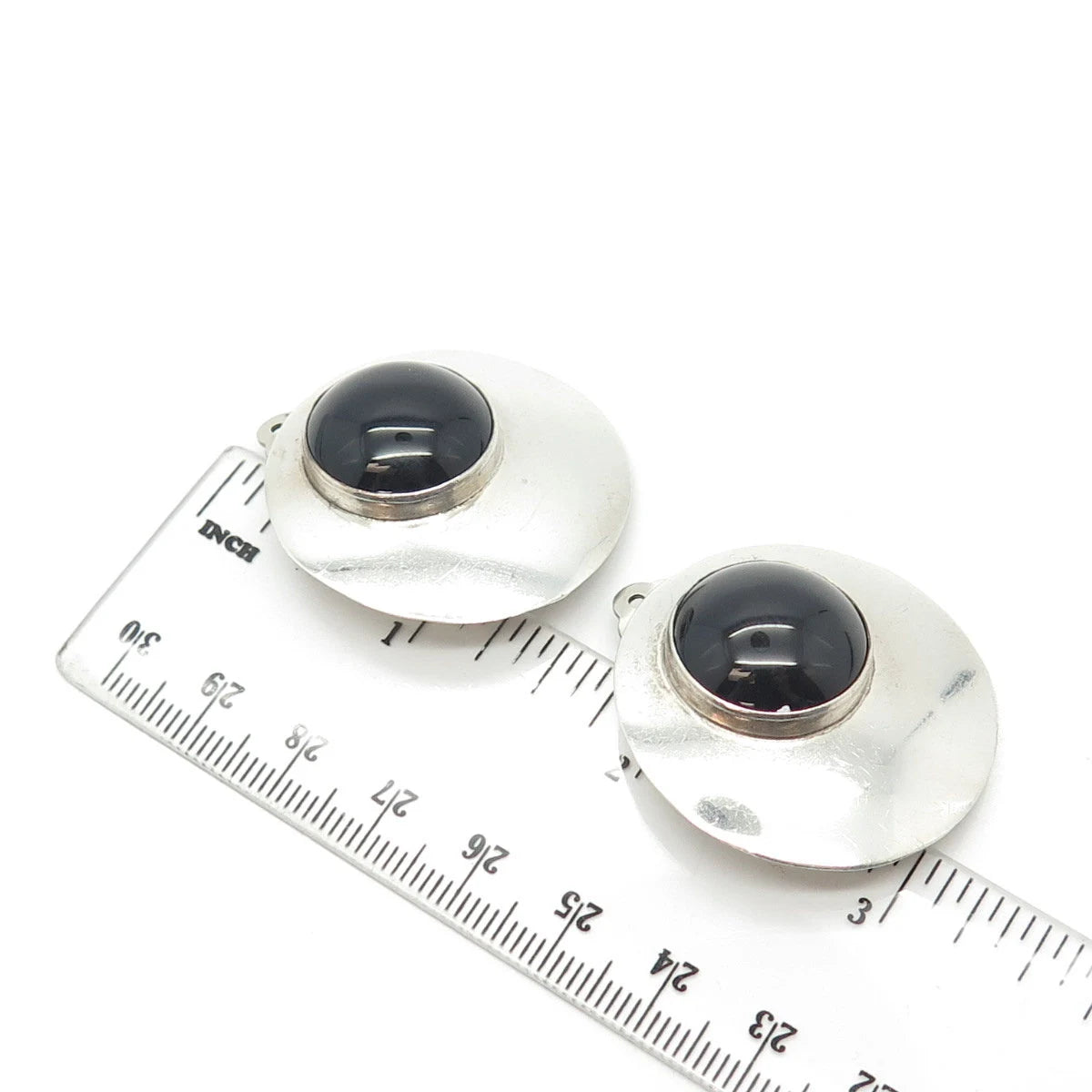 925 Sterling Silver Vintage Real Black Onyx Gem Disc Clip On Earrings