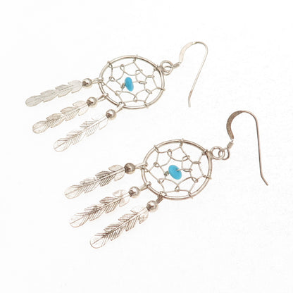 Old Pawn 925 Sterling Silver Vintage Turquoise Dreamcatcher Dangle Earrings