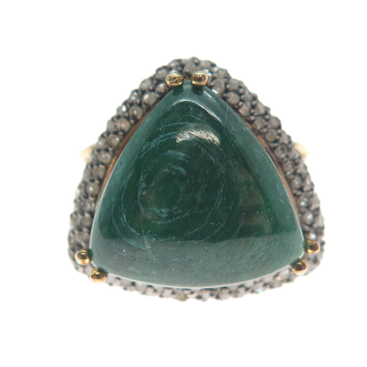 925 Sterling Gold Plated Real Diamond Malachite Ring Size 8.5 (missing 1 stone)