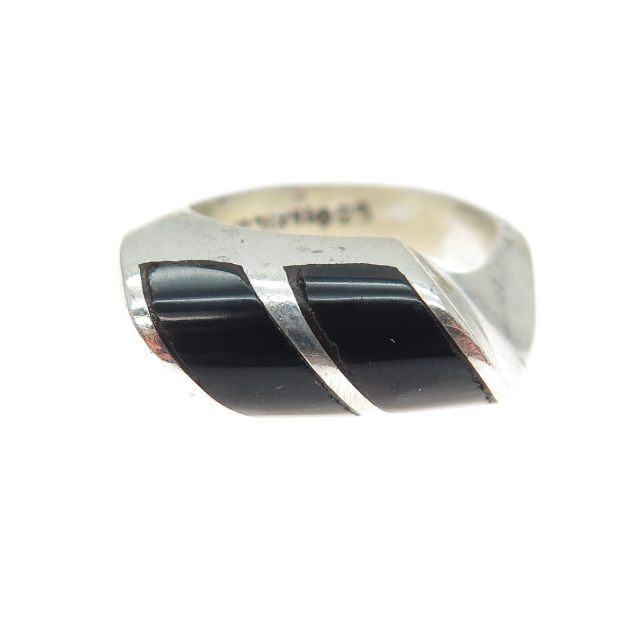 925 Sterling Silver Vintage Mexico Real Black Onyx Modernist Ring Size 6.25