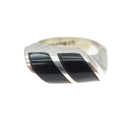 925 Sterling Silver Vintage Mexico Real Black Onyx Modernist Ring Size 6.25