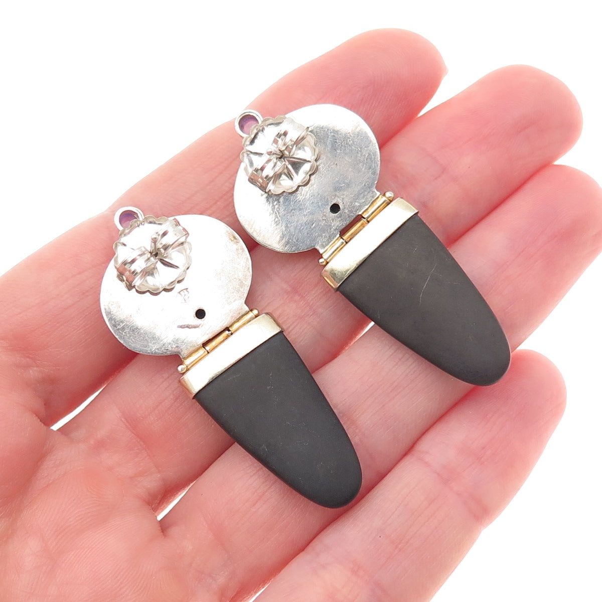 Michou 925 Sterling Silver 2-Tone Vintage Real Amber Amethyst Obsidian Earrings