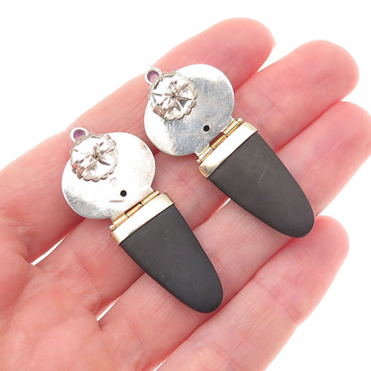 Michou 925 Sterling Silver 2-Tone Vintage Real Amber Amethyst Obsidian Earrings