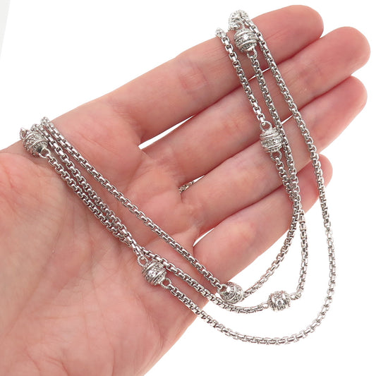 JUDITH RIPKA Sterling Silver C Z Station Round Box 3-Strand Chain Necklace 18"