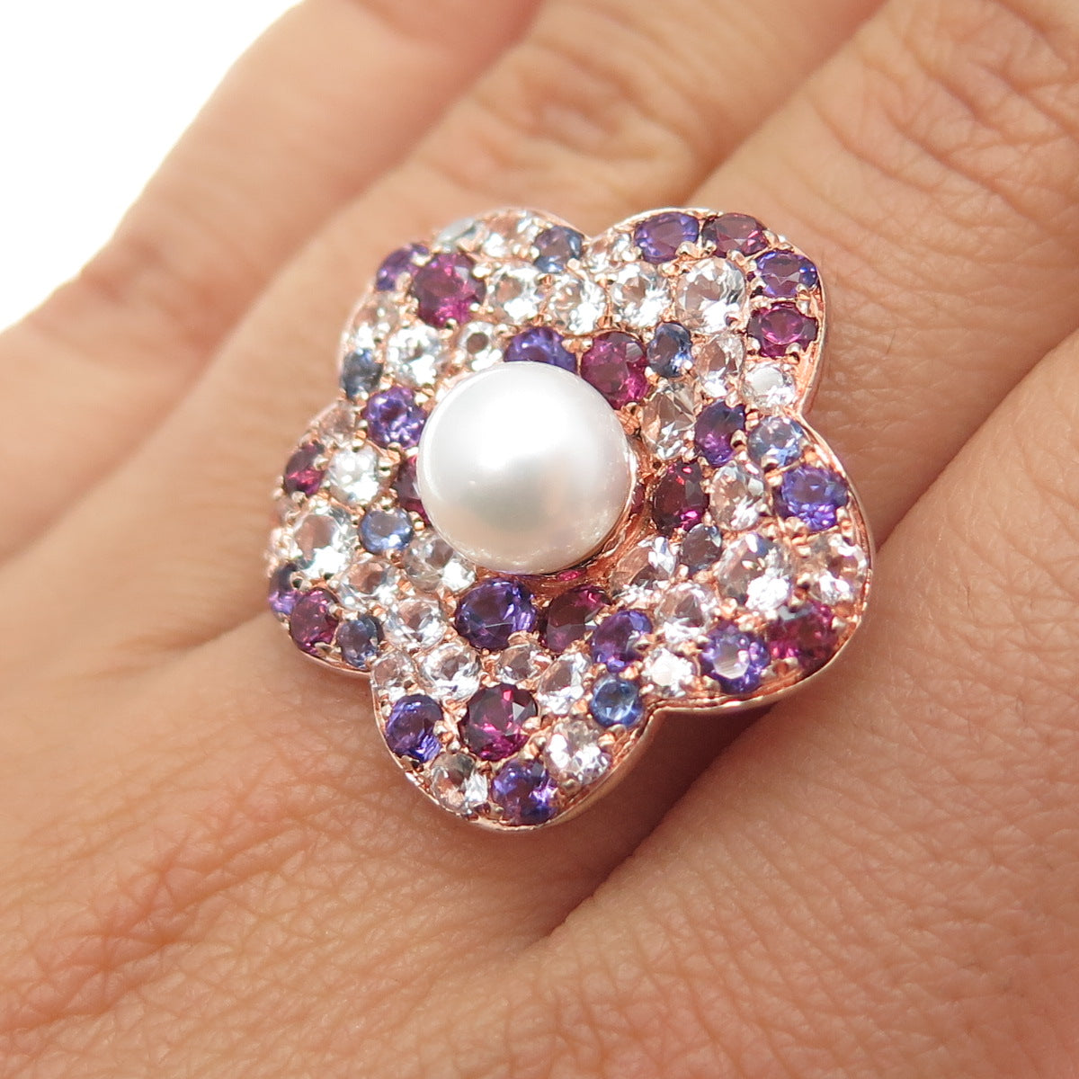 CLYDE DUNEIER Sterling Silver Rose Gold Plated Real Pearl & Muti-Gem Ring Size 7