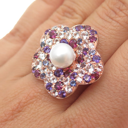 CLYDE DUNEIER Sterling Silver Rose Gold Plated Real Pearl & Muti-Gem Ring Size 7