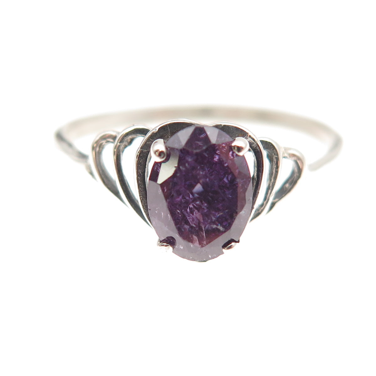 925 Sterling Silver Vintage Real Oval-Cut Amethyst Heart Oxidized Ring Size 9.25