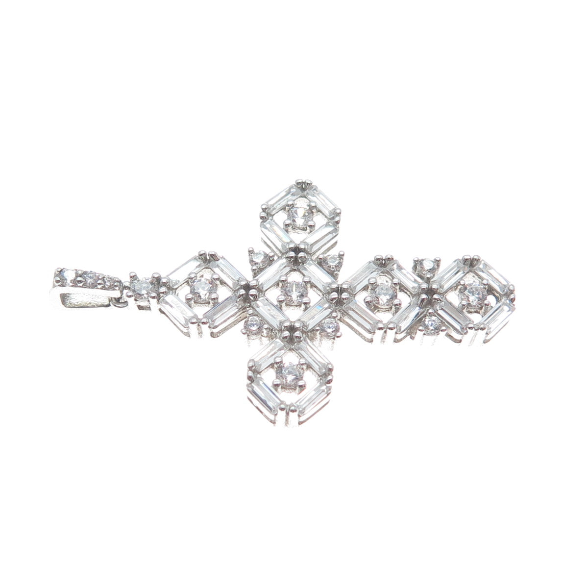 DSMK 925 Sterling Silver Baguette & Round-Cut C Z Cross Pendant