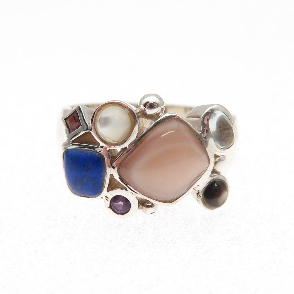 925 Sterling Silver Vintage Real MOP Amethyst Topaz Lapis Garnet Ring Size 10.25