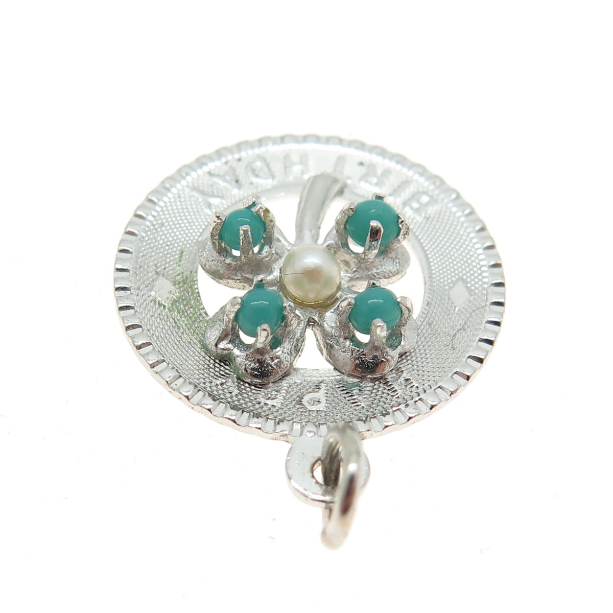 925 Sterling Silver Vintage Real Pearl & Glass "Happy Birthday" Flower Pendant