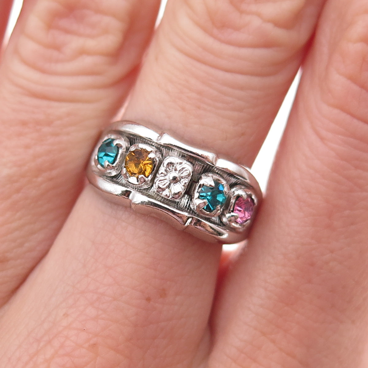 Vargas Sterling Silver Antique Art Deco Multi-Color Rhinestone Ring Size 7.75