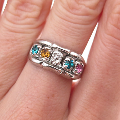 Vargas Sterling Silver Antique Art Deco Multi-Color Rhinestone Ring Size 7.75