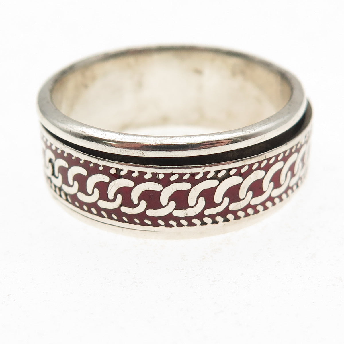 925 Sterling Silver Vintage Enamel Cuban Link Rotating Band Ring Size 14