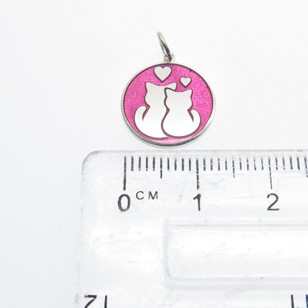 925 Sterling Silver Pink Enamel Cat Couple Round Tag Minimalist Charm Pendant