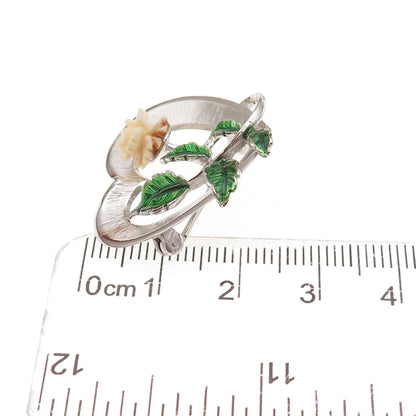 Beau 925 Sterling Silver Vintage Enamel Rose Heart Pin Brooch
