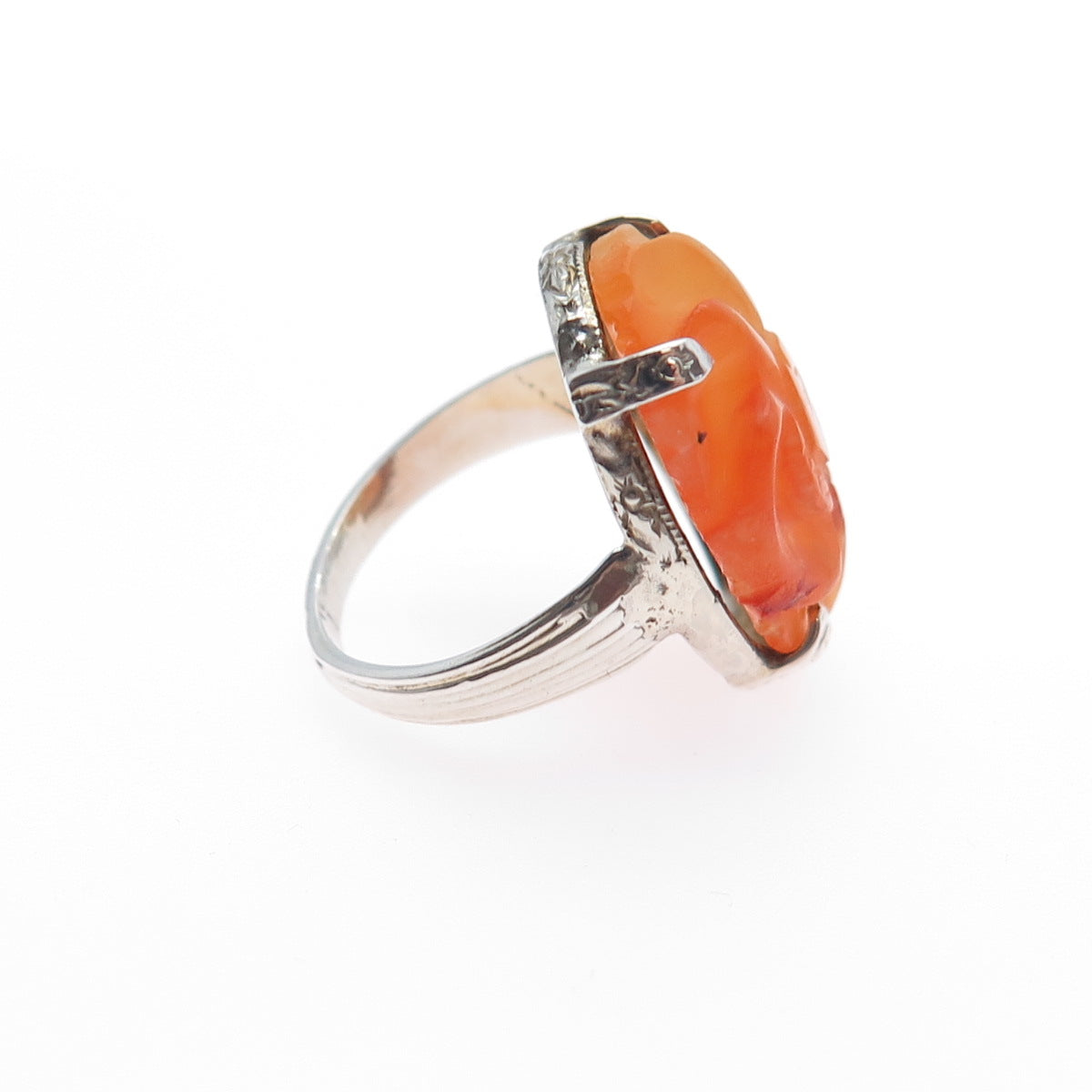 925 Sterling Silver Antique China Real Carved Orange Jade Floral Ring Size 2.75