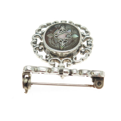 PGG 925 Sterling Silver Vintage Mexico Real Abalone Shell Ornate Pin Brooch