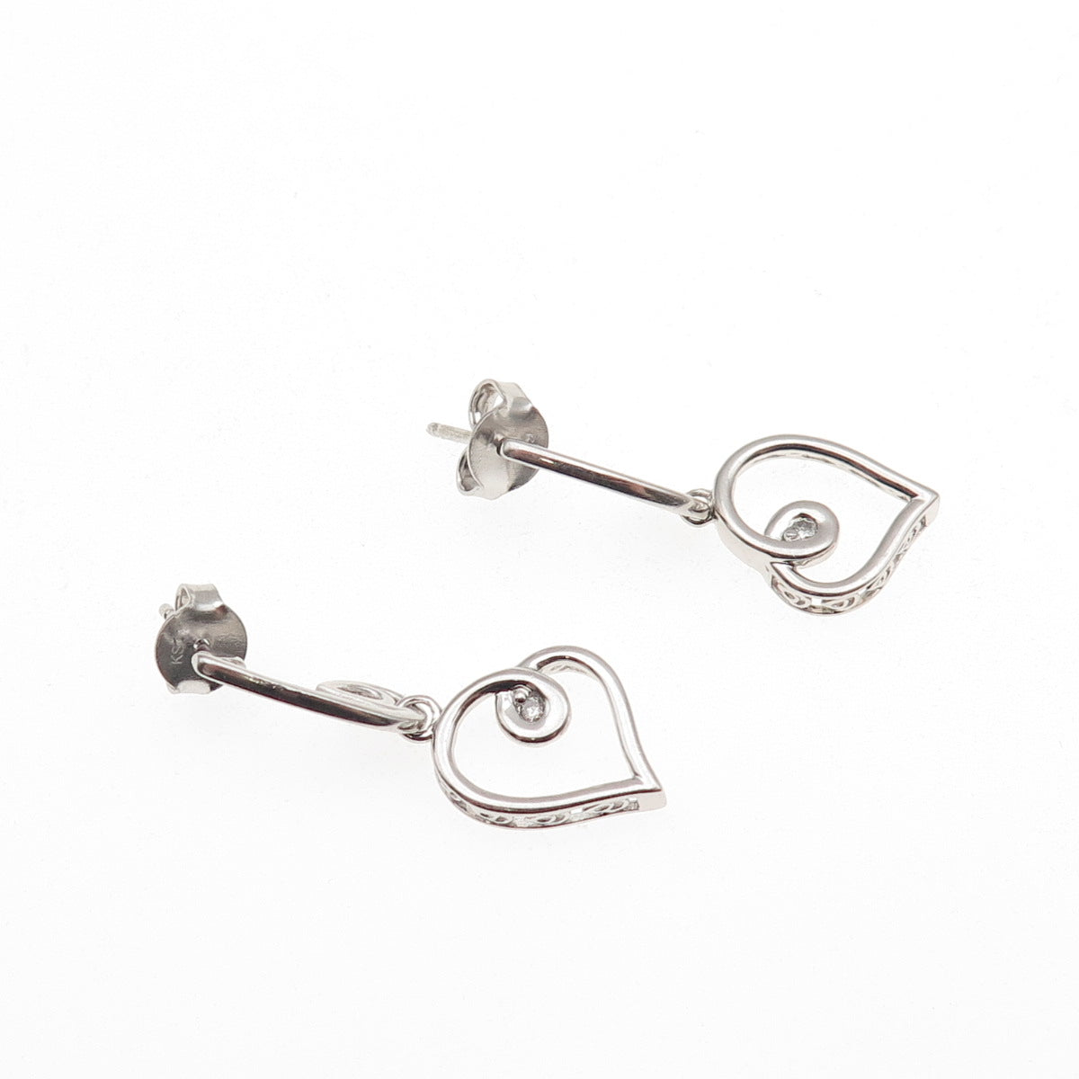 925 Sterling Silver Real Round-Cut Diamond Heart Dangle Earrings