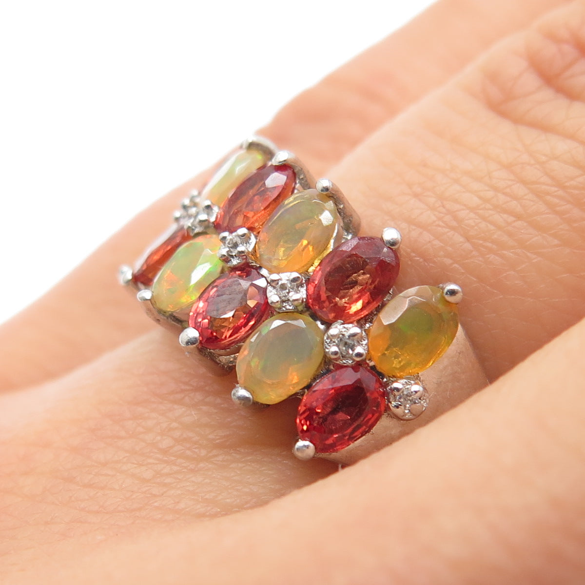 925 Sterling Silver Real Fire Sapphire Opal & White Topaz Cluster Ring Size 6