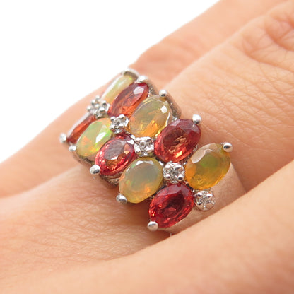 925 Sterling Silver Real Fire Sapphire Opal & White Topaz Cluster Ring Size 6