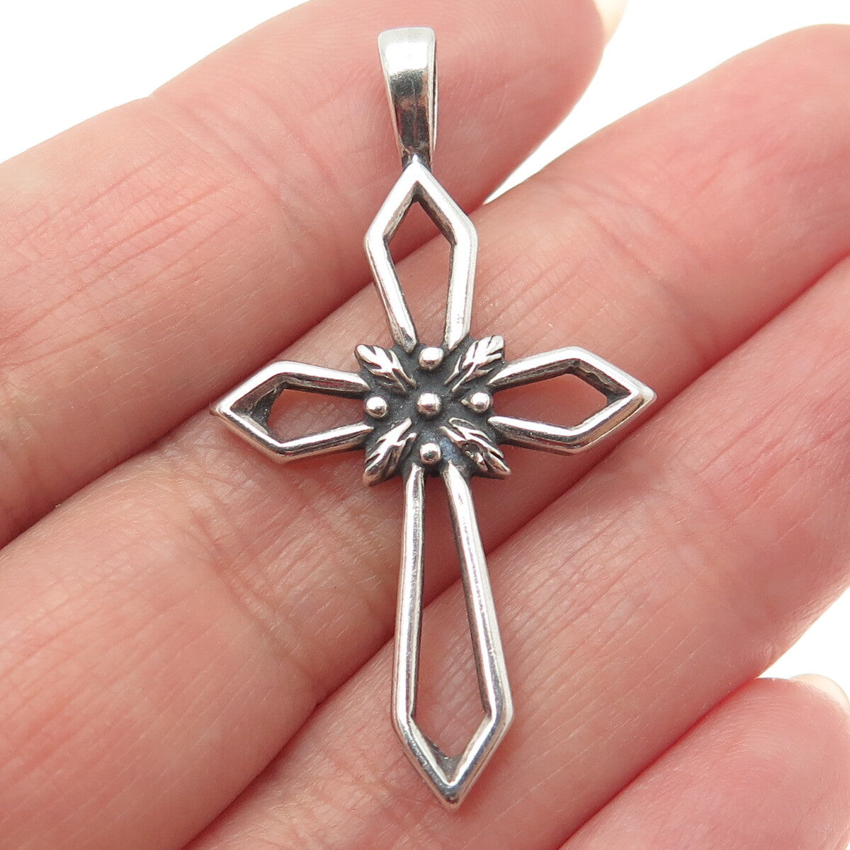 SUN WEST 925 Sterling Silver Vintage Floral Cross Oxidized Charm Pendant