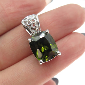 925 Sterling Silver Cushion-Cut Dark Green C Z Pendant