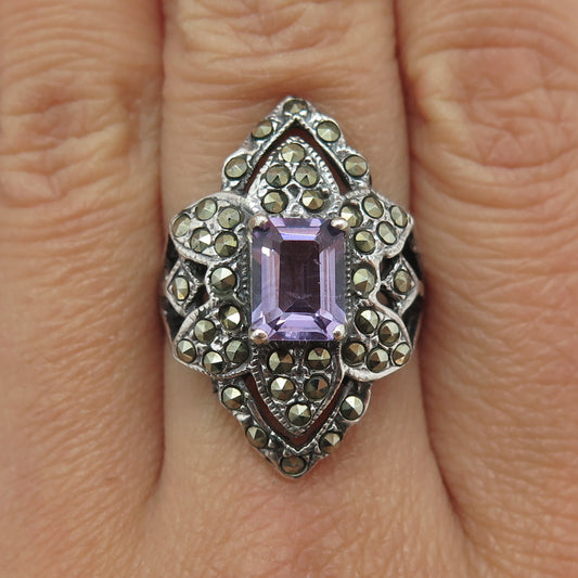 CHAPAL ZENRAY 925 Sterling Silver Vintage Amethyst & Marcasite Gem Ring Size 8