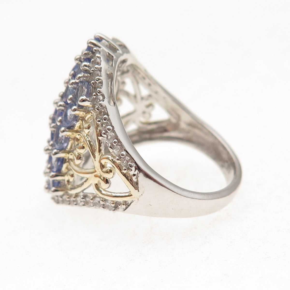 Chuck Clemency 925 Sterling Silver 2-Tone Real Tanzanite White Topaz Ring Size 8