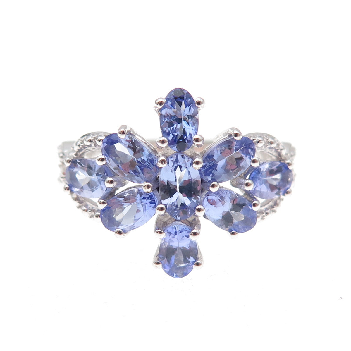 925 Sterling Silver Real Diamond Accent & Tanzanite Floral Ring Size 8